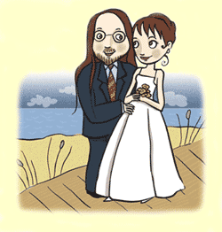Drawing of Ralph and Laura in suit and wedding gown on the boardwalk at Ocean Grove